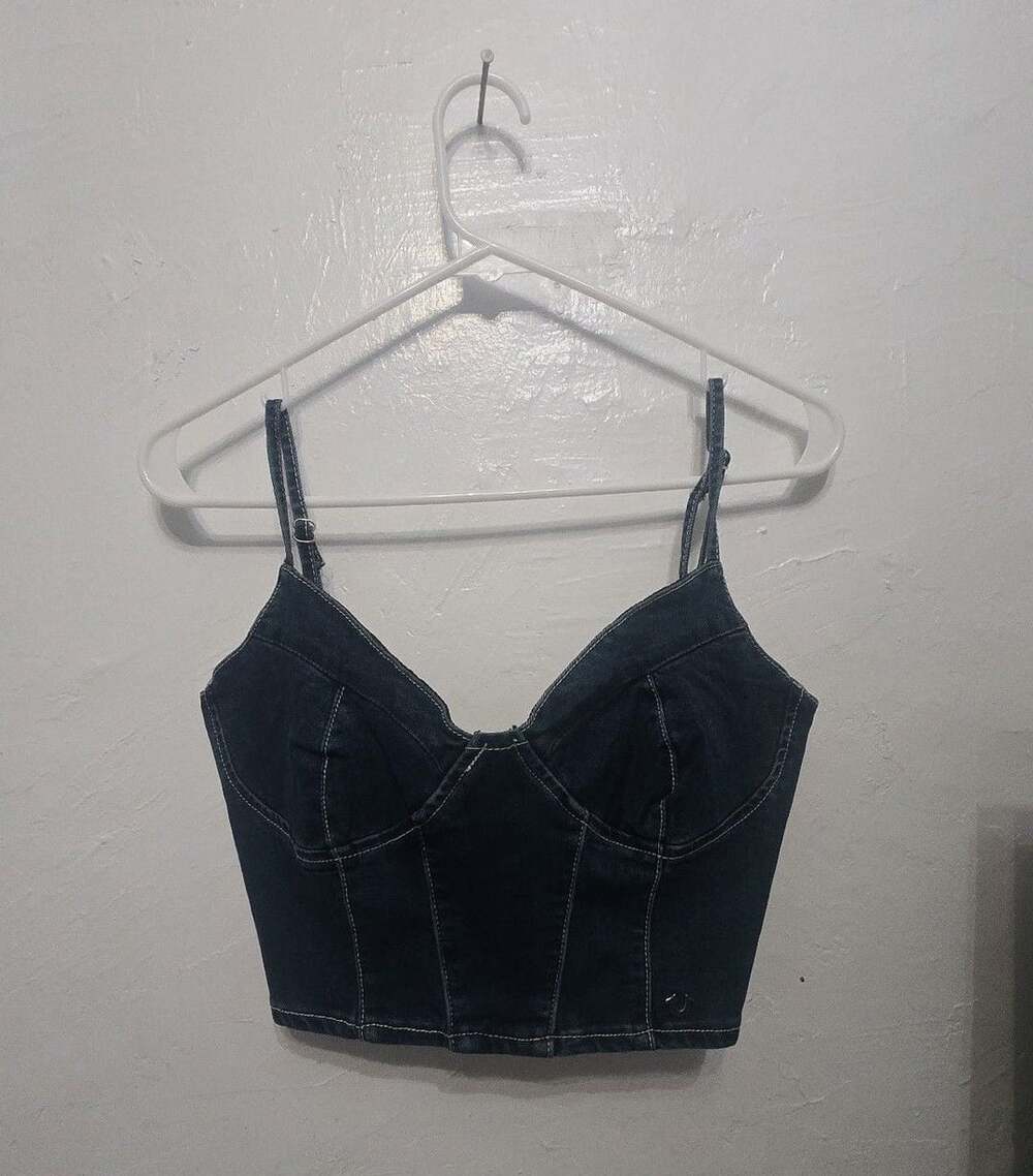 True Religion Denim Corset Top Size S/P Blue Crop Bustier Zip Back